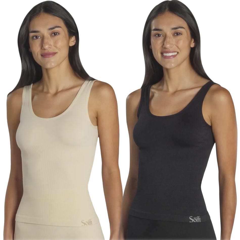 Two women wearing seamless tank tops, one in beige and the other in black, both featuring the brand name \“Söfft\“ on the lower edge.