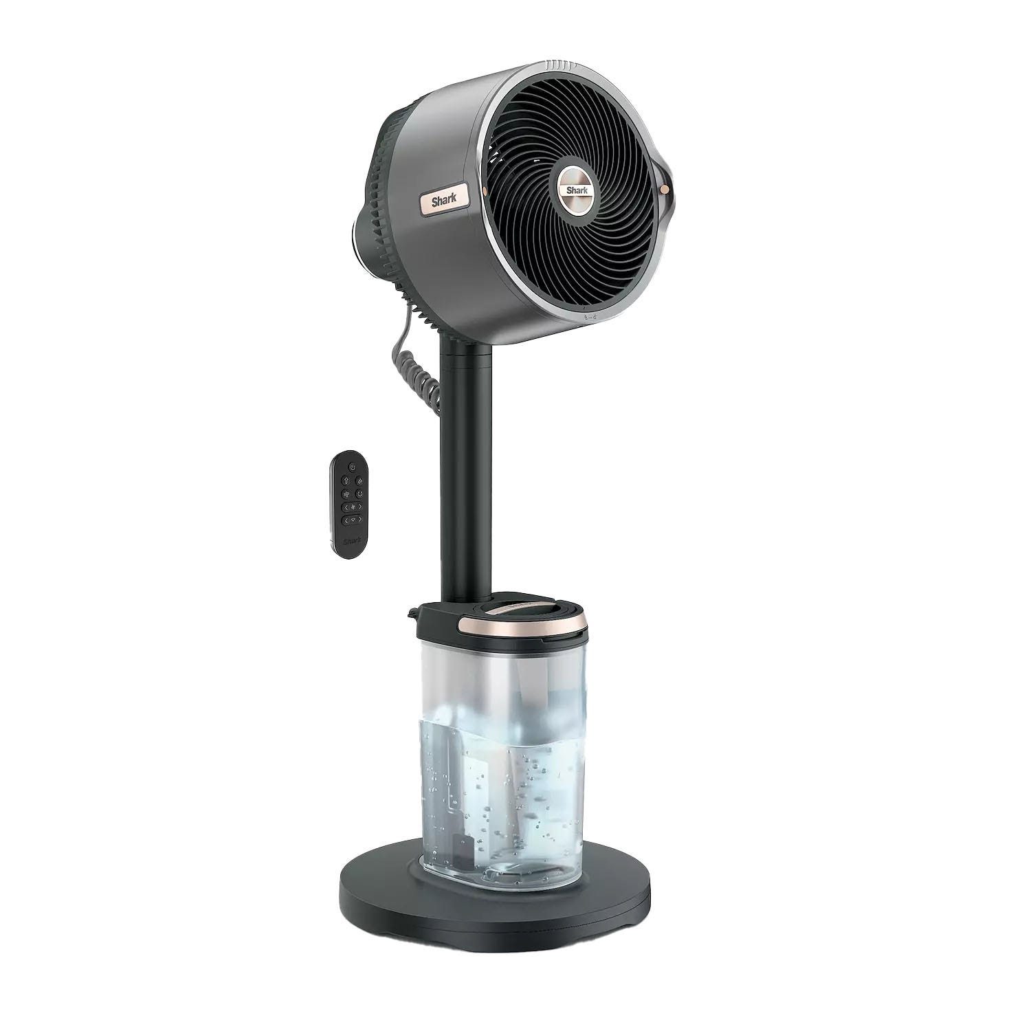 A black and gray Shark fan with a remote control and a base featuring a clear water tank. The fan head and water tank are vertically aligned, and the remote has multiple buttons.