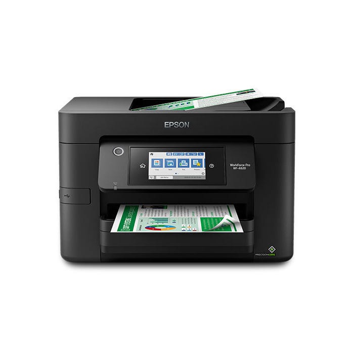 Epson WorkForce Pro WF-4730 is a compact all-in-one printer featuring a sleek black design, an automatic document feeder, and a color touchscreen for easy navigation.