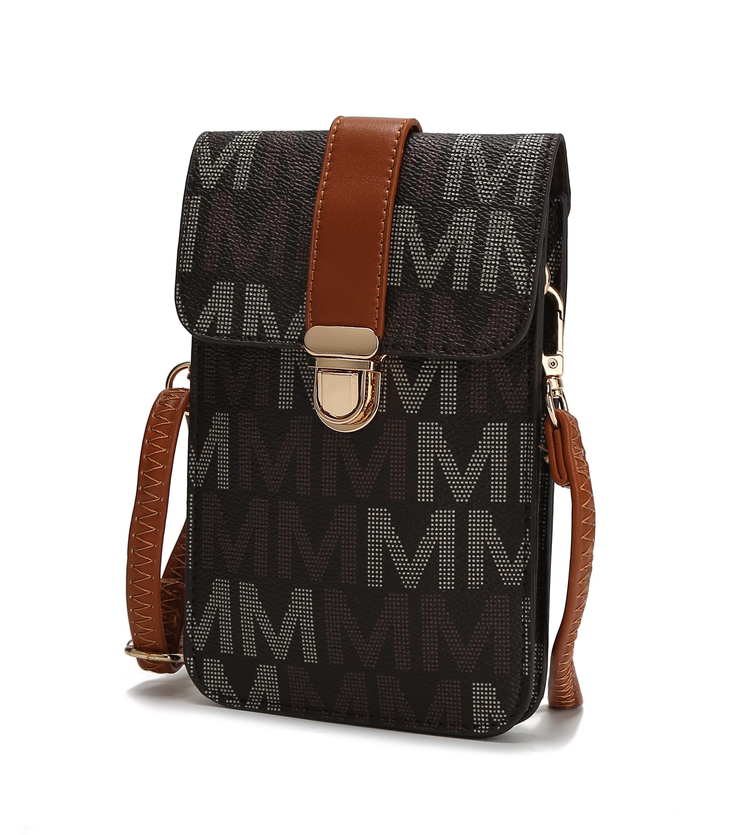 A brown and black patterned messenger bag with a front flap, metal clasp, and an adjustable shoulder strap.