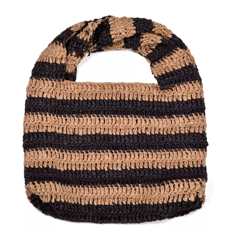 A striped hobo bag made of woven raffia, featuring alternating black and tan stripes with a twisted handle.