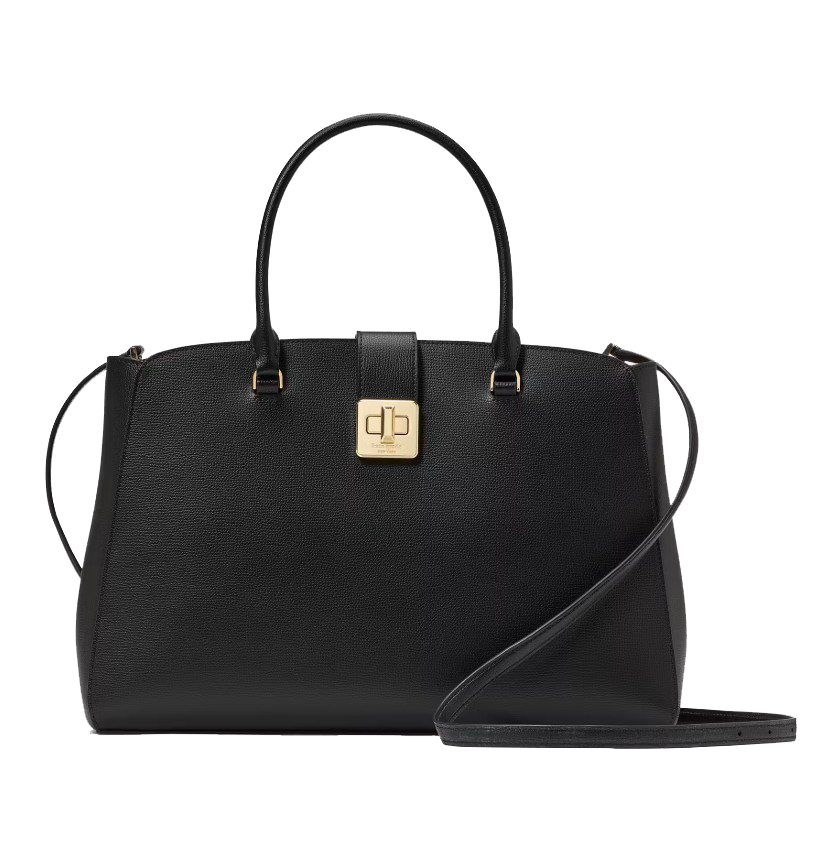 A black leather handbag with a structured design, featuring two top handles, a detachable shoulder strap, and a gold-tone clasp with a logo.