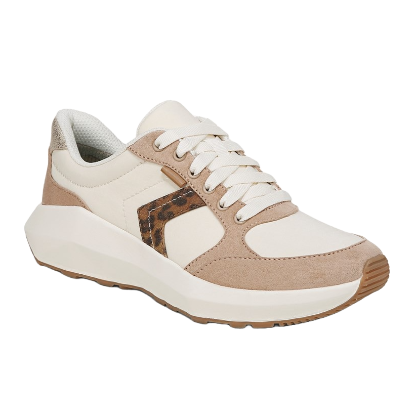 Beige and white sneaker with a chunky sole, featuring a leopard print accent and white laces.