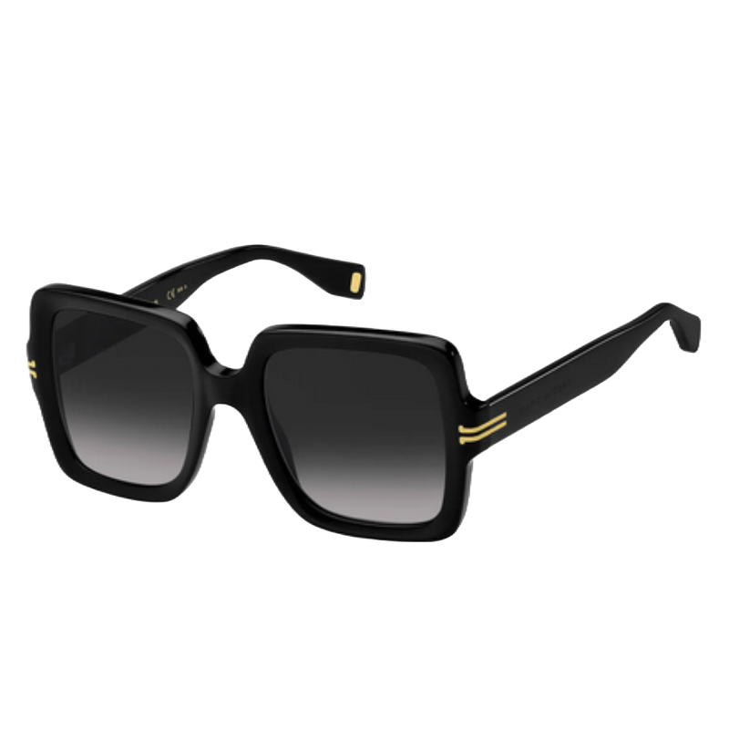 Square black sunglasses with gradient lenses and gold accents on the temples.