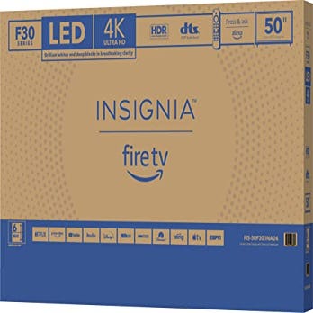 Insignia 50-inch 4K Fire TV featuring LED technology, Ultra HD resolution, HDR support, and DTS studio sound.