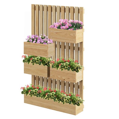 A wooden vertical wall planter with five rectangular boxes filled with various flowers, designed for space-saving gardening or decorative purposes.