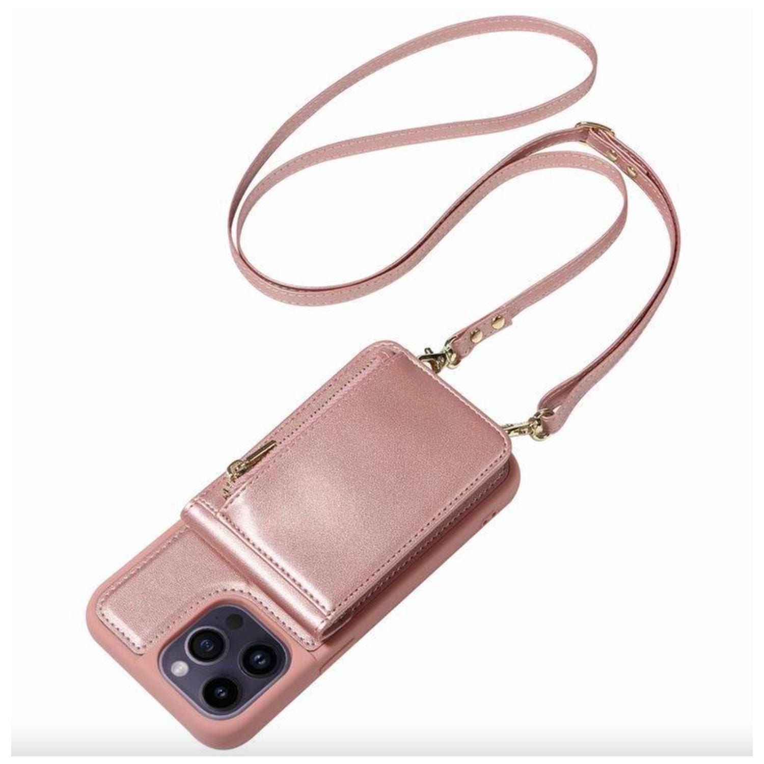A pink smartphone case with a crossbody strap and a built-in wallet, designed to hold the phone and cards.