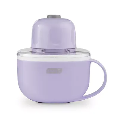 A lavender-colored Dash Mug Ice Cream Maker with a cup-like shape, handle, and a removable motorized top.