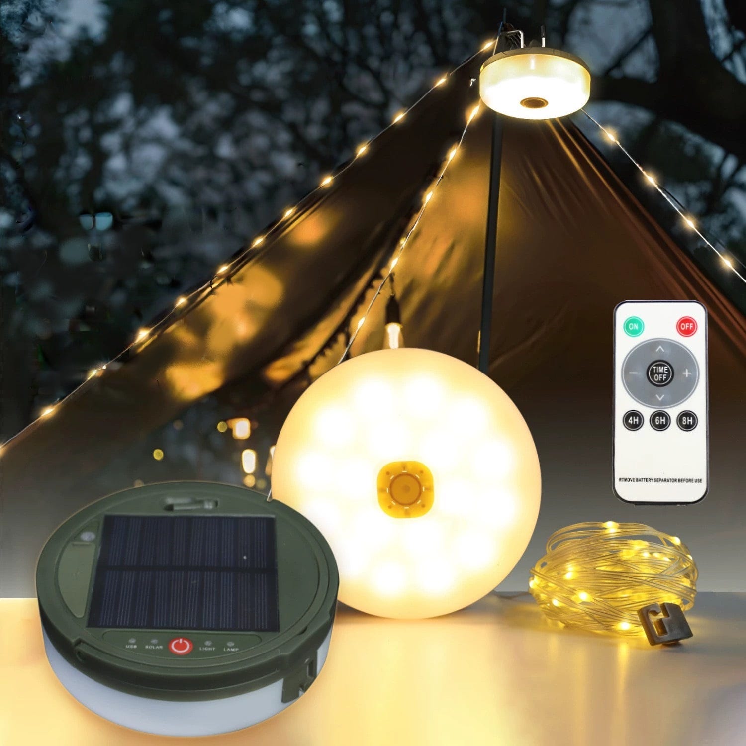 Solar-powered garden light, string lights, and a remote control.