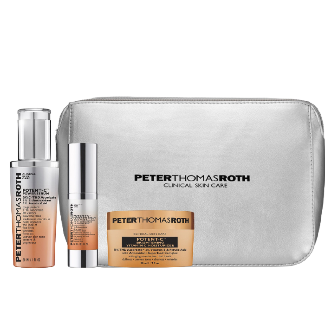 Peter Thomas Roth 3-piece bundle includes Potent-C Power Serum, Potent-C Eye Cream, and Potent-C Bright & Plump Moisturizer, all designed for skincare with vitamin C. Comes with a branded silver pouch.