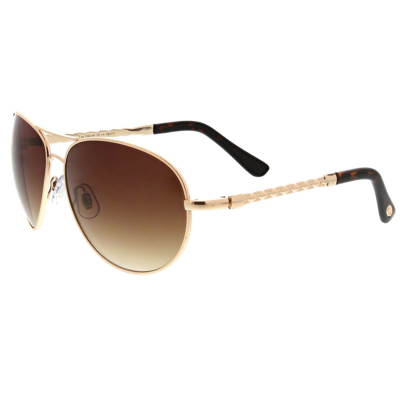 Aviator sunglasses with gold-toned frames, brown gradient lenses, and braided temple details, featuring black earpieces.