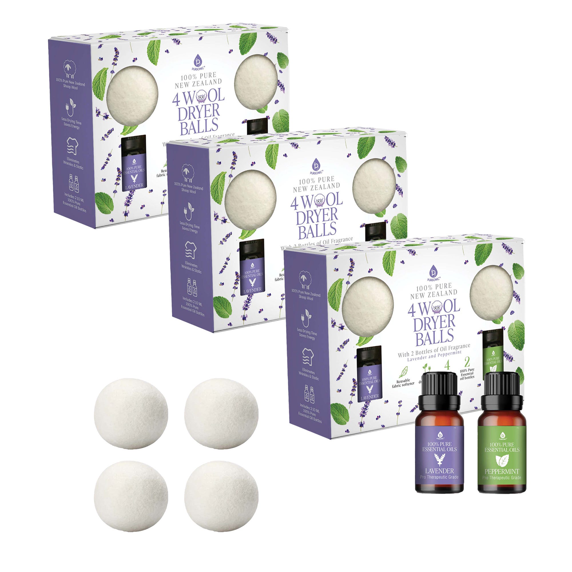 12 wool dryer balls from New Zealand, shown in three boxes of four. Includes essential oils in lavender and peppermint scents for use with laundry.