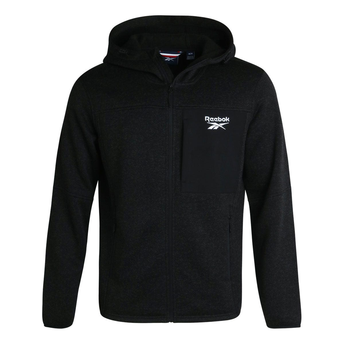 Black Reebok Hooded Climb Jacket with a zip-up front, featuring a hood and a chest pocket with the Reebok logo in white.