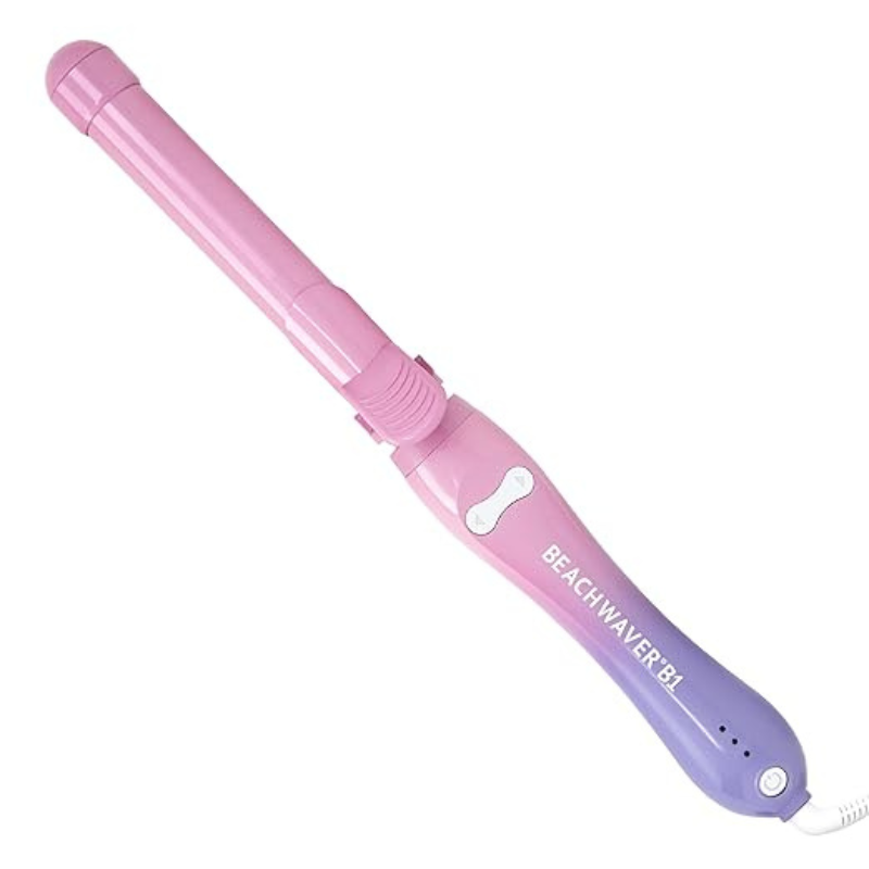 Pink and purple Beachwaver rotating curling iron with a cylindrical barrel and ergonomic handle.
