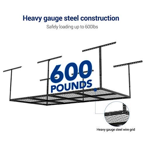 This is an overhead garage storage rack made of heavy gauge steel, capable of holding up to 600 pounds, featuring a wire grid design.