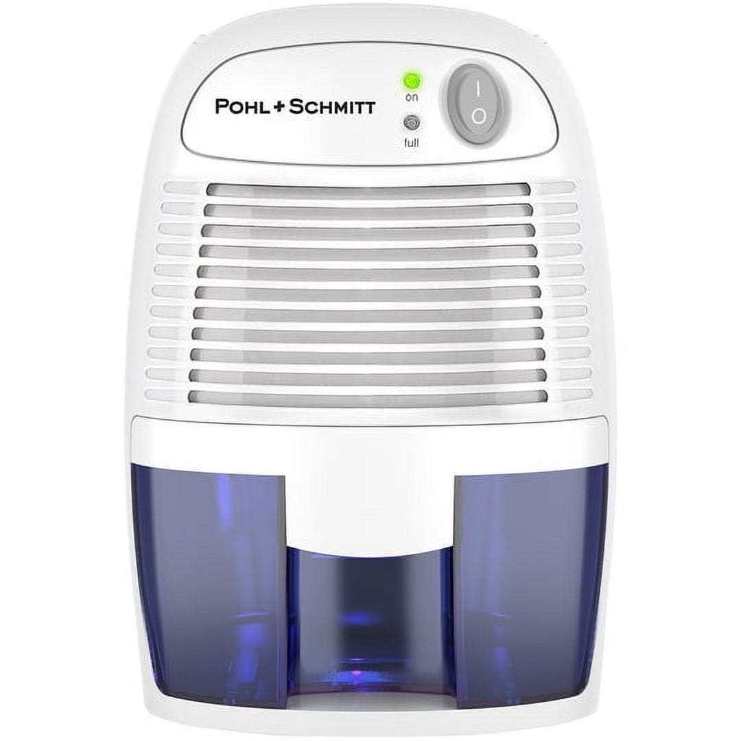 White and blue portable dehumidifier with a transparent water tank and an indicator light.