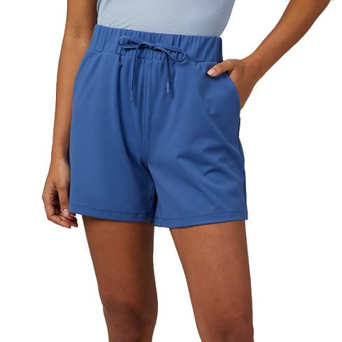 Blue women's active shorts with an elastic waistband, adjustable drawstring, and side pockets.