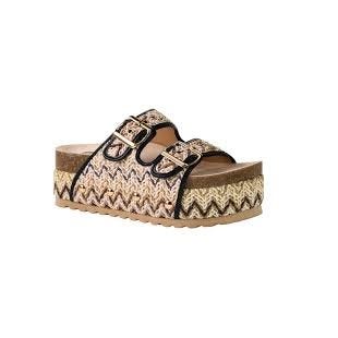 A platform sandal with a zigzag woven pattern, featuring two adjustable straps with buckles.