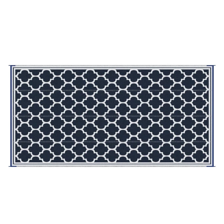 Navy and white outdoor waterproof rug with a geometric lattice pattern, measuring 18 feet in length.