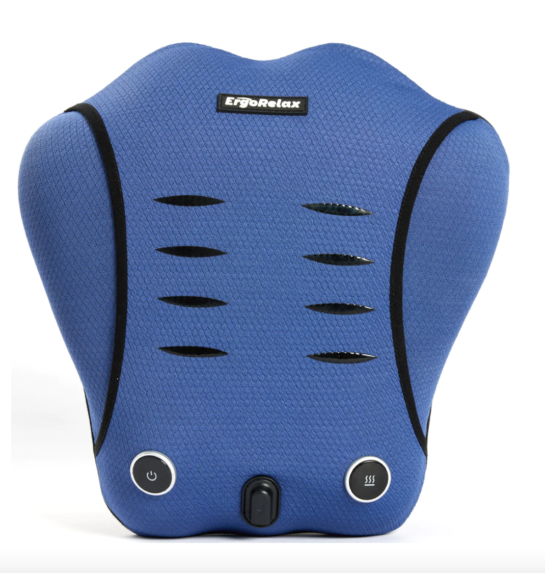 A blue backrest cushion with ventilation slits and control buttons on the side.