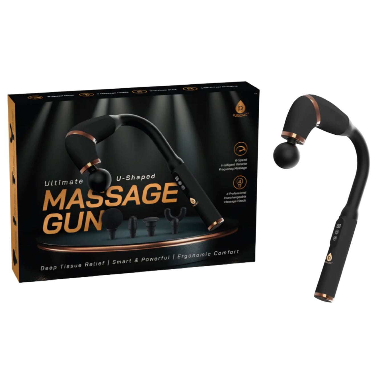 U-shaped massage gun with multiple attachment heads for deep tissue relief, featuring 4-speed intelligent variable frequency massage and ergonomic design.