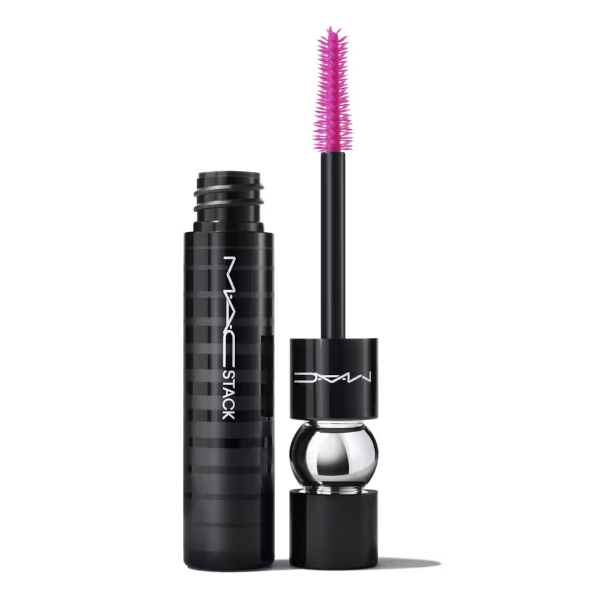 A black mascara tube with a pink wand applicator displaying the MAC logo is shown alongside its cap.