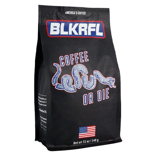 BLKRFL Coffee or Die Roast, 12 oz (340 g), features a bold design with a blue snake and text \“Coffee or Die,\“ an American flag, and the tagline \“America's Coffee.\“