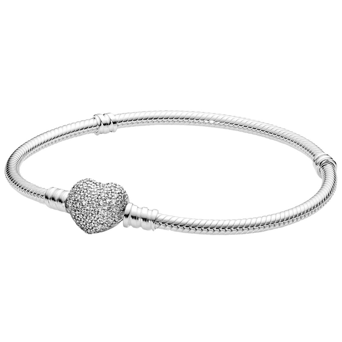 A silver bracelet featuring a delicate snake chain design with a heart-shaped clasp adorned with small sparkling stones.