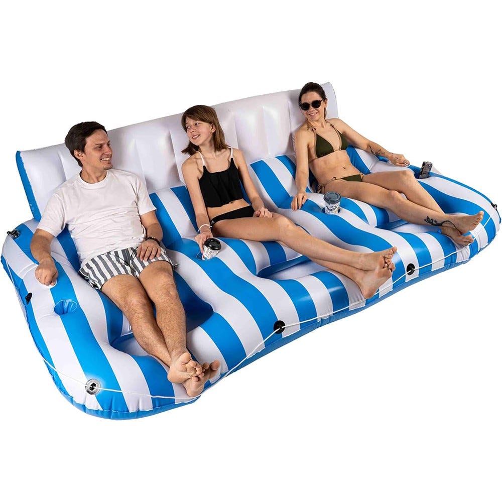 Inflatable pool float designed for three people, featuring blue and white stripes, a backrest, built-in cup holders, and side handles.