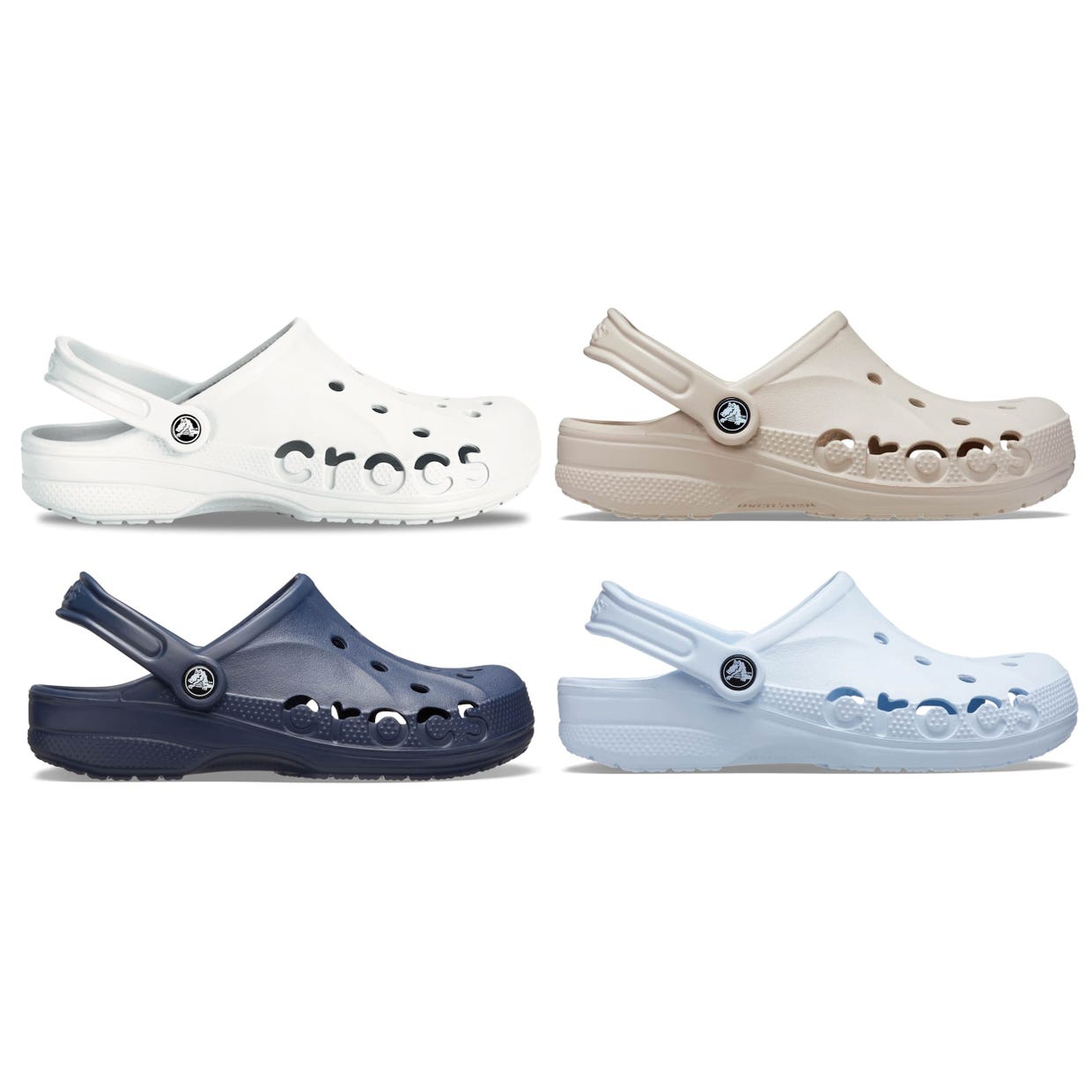 Four pairs of Crocs clogs in different colors: white, beige, navy, and light blue.