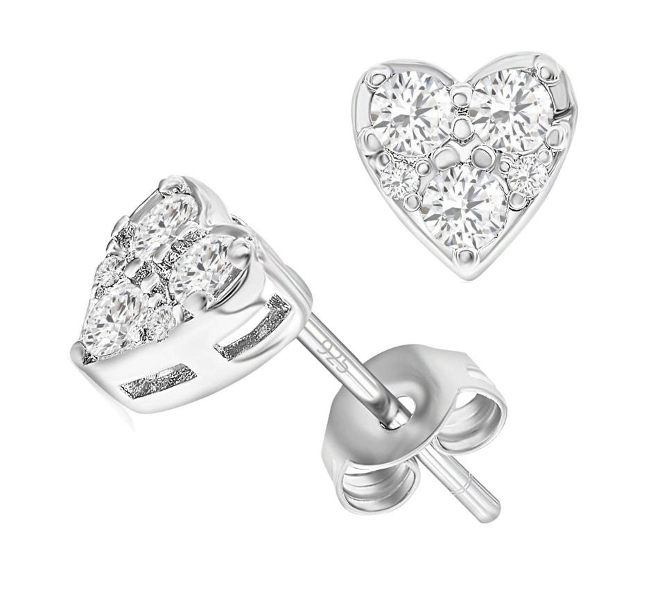 A pair of silver heart-shaped stud earrings with multiple clear gemstones.