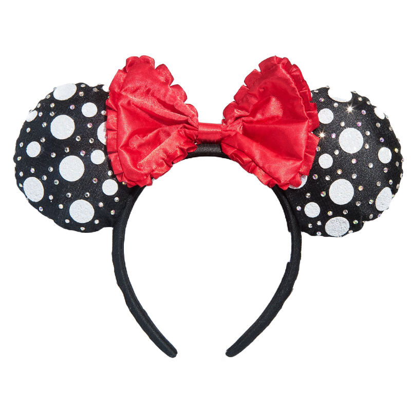 Black headband with large polka-dotted ears and a shiny red bow.