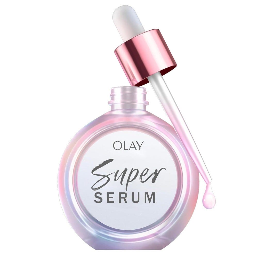 Olay Super Serum bottle with a dropper, featuring a pearlescent design and a pink metallic cap, suggesting a skincare product for nourishment or treatment.