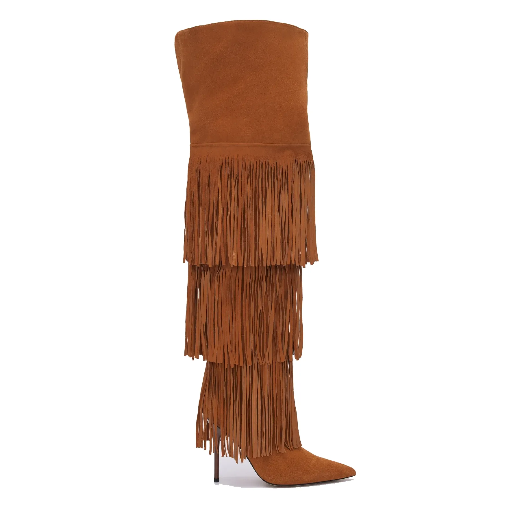A brown suede boot with several layers of fringe cascading down the shaft, set on a high heel.