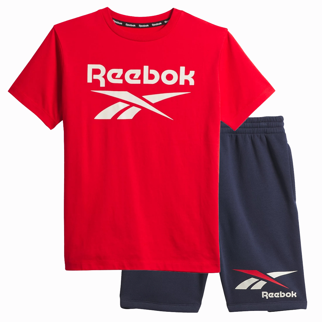 Red Reebok t-shirt and navy blue shorts with the brand's logo.