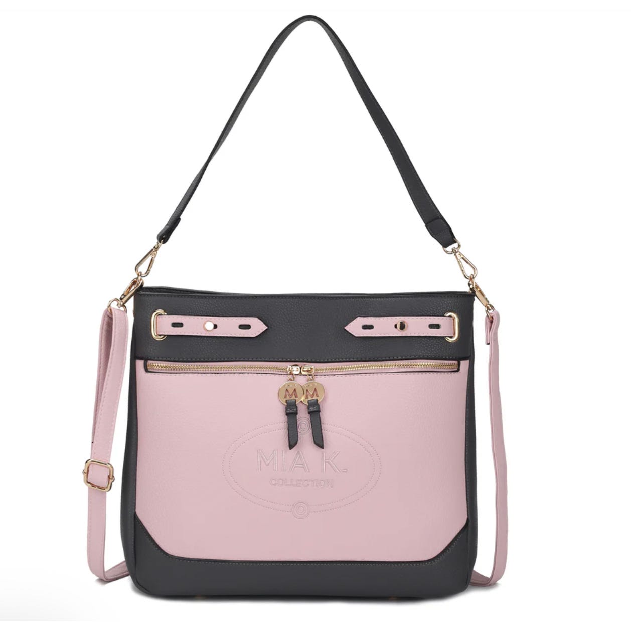 Black and pink shoulder bag with a gold-tone clasp and an adjustable strap.