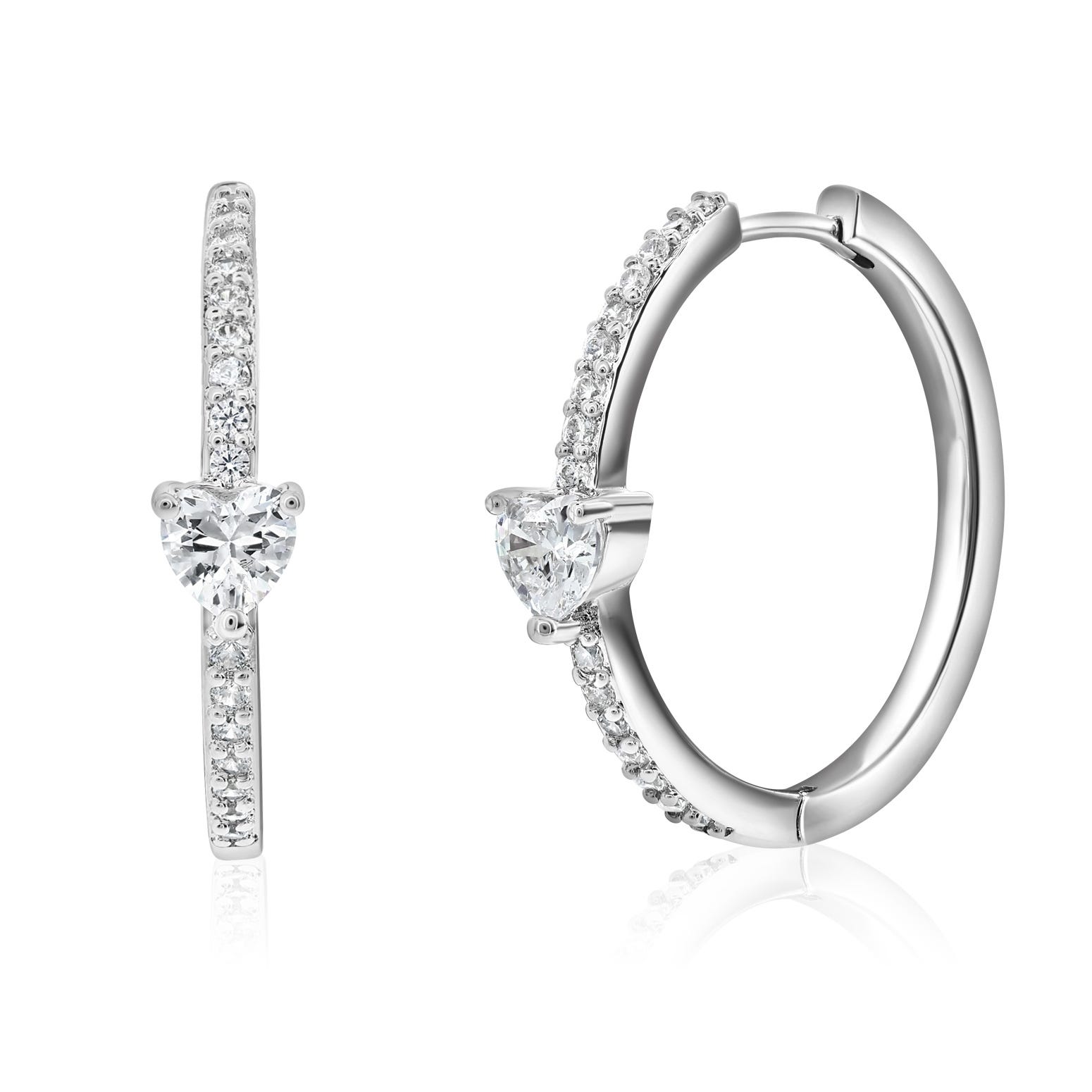 Elegant hoop earrings featuring a heart-shaped gemstone at the center, surrounded by smaller stones on a silver band.