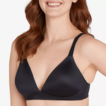 A woman is wearing a black v-neck bra with adjustable straps.