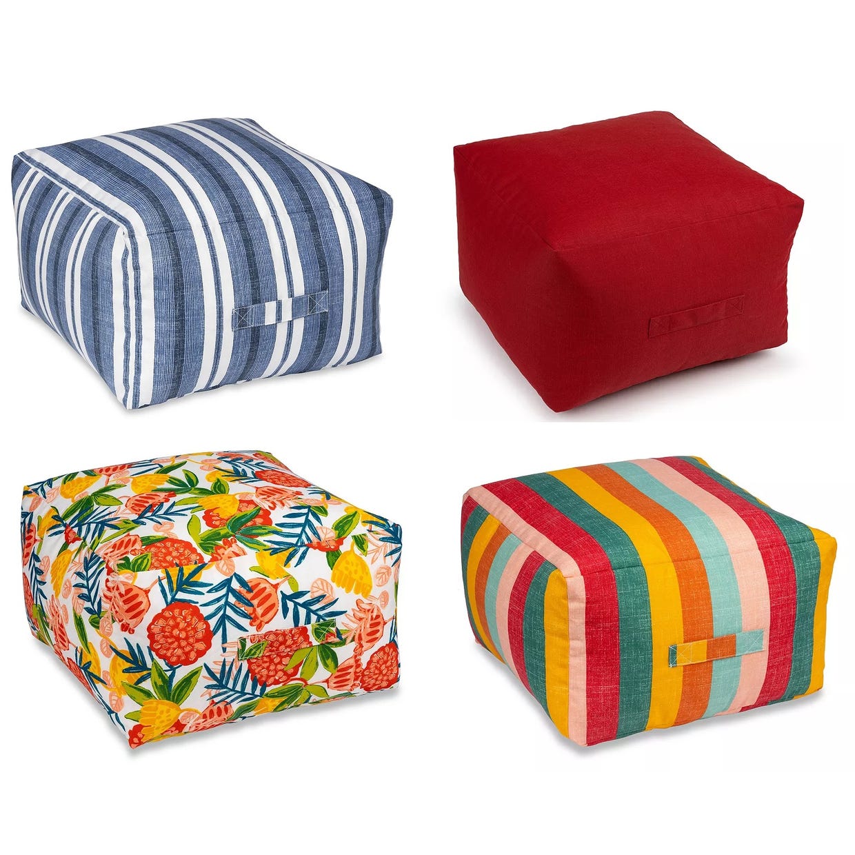 Four colorful square ottomans: one with blue stripes, a solid red one, a multicolored floral design, and a striped one with various bright colors.