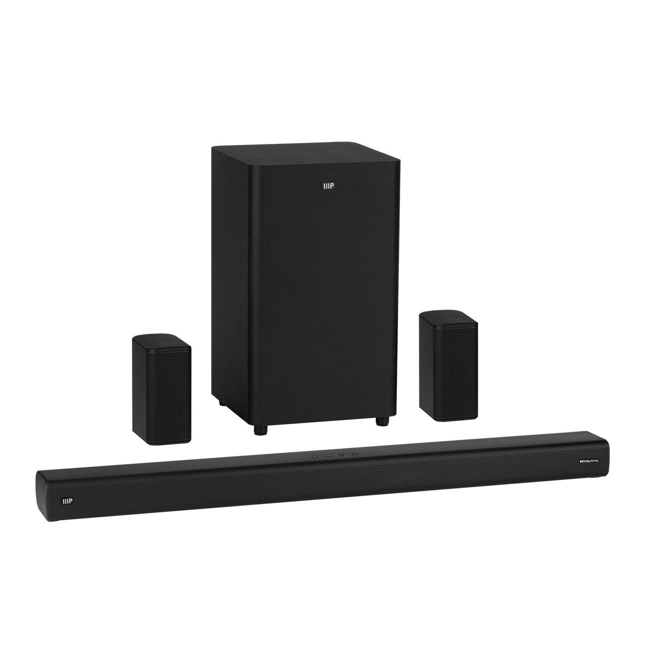 A black soundbar, two small speakers, and a subwoofer.