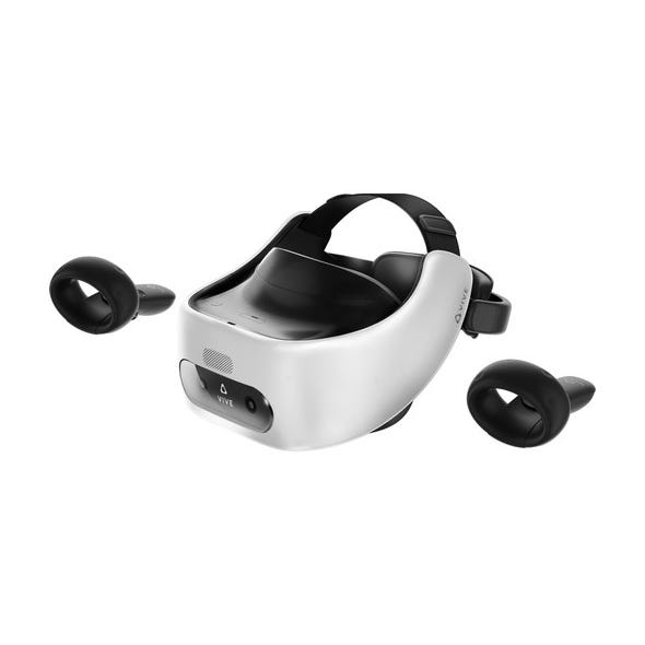 HTC Vive Focus Plus is a standalone VR headset with a white body, adjustable black straps, and two wireless controllers.