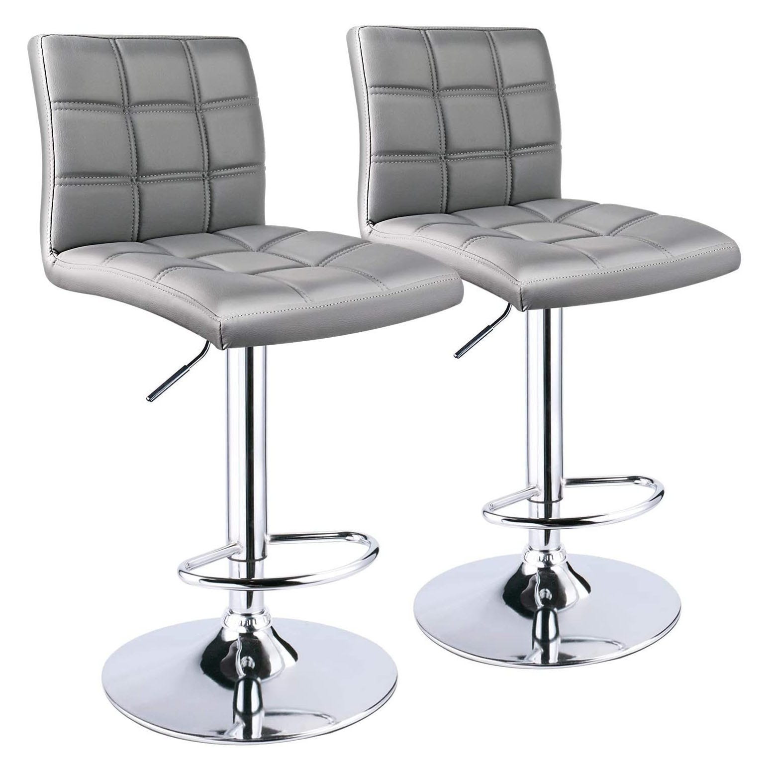 Two grey adjustable bar stools with tufted upholstery and chrome bases.