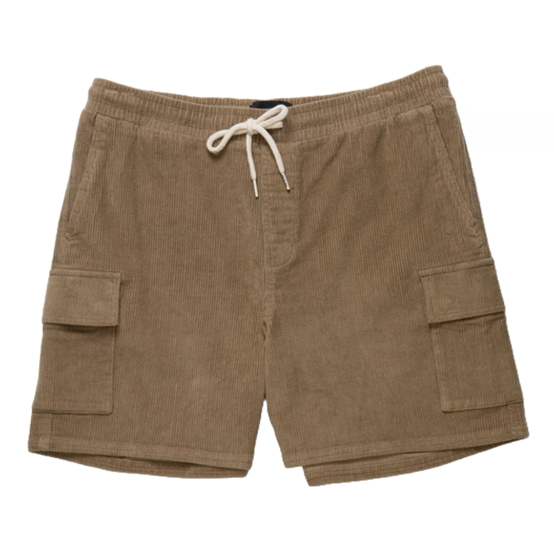 RSQ Corduroy Shorts are beige with an elastic waistband and white drawstring. They feature side pockets and two cargo pockets on each leg for utility and style.