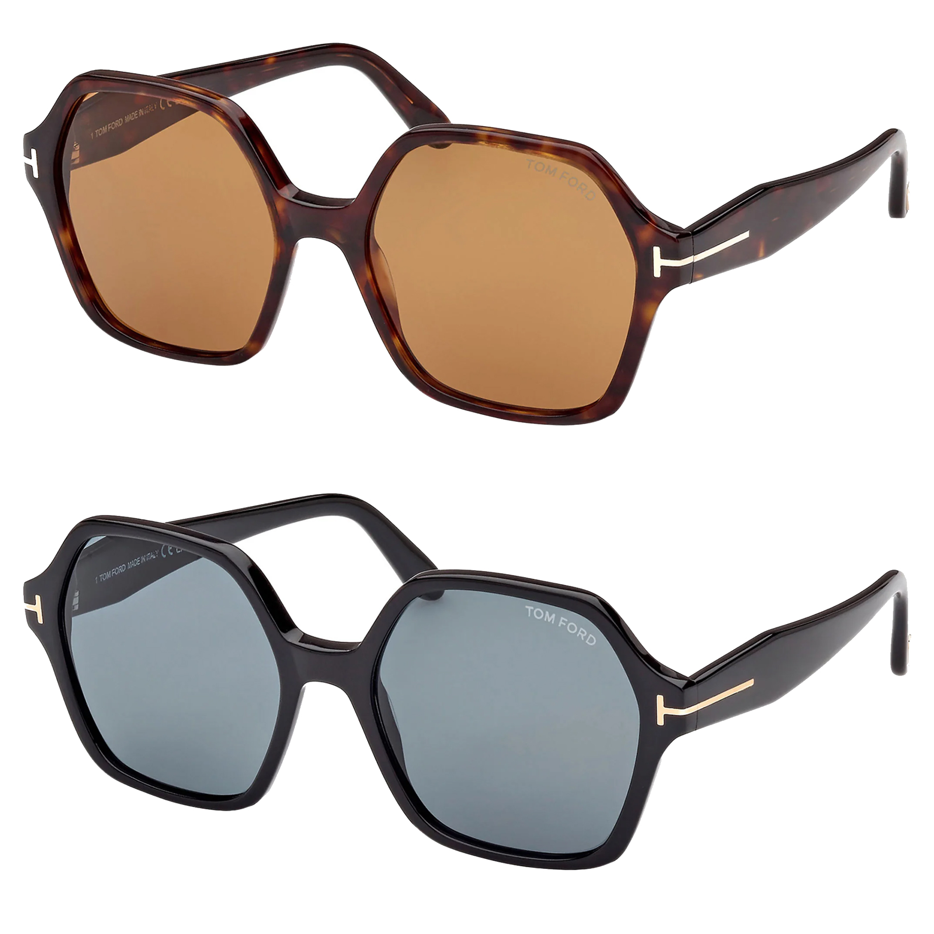 Two pairs of sunglasses, one with brown tortoiseshell frames and amber lenses, and the other with black frames and grey lenses.