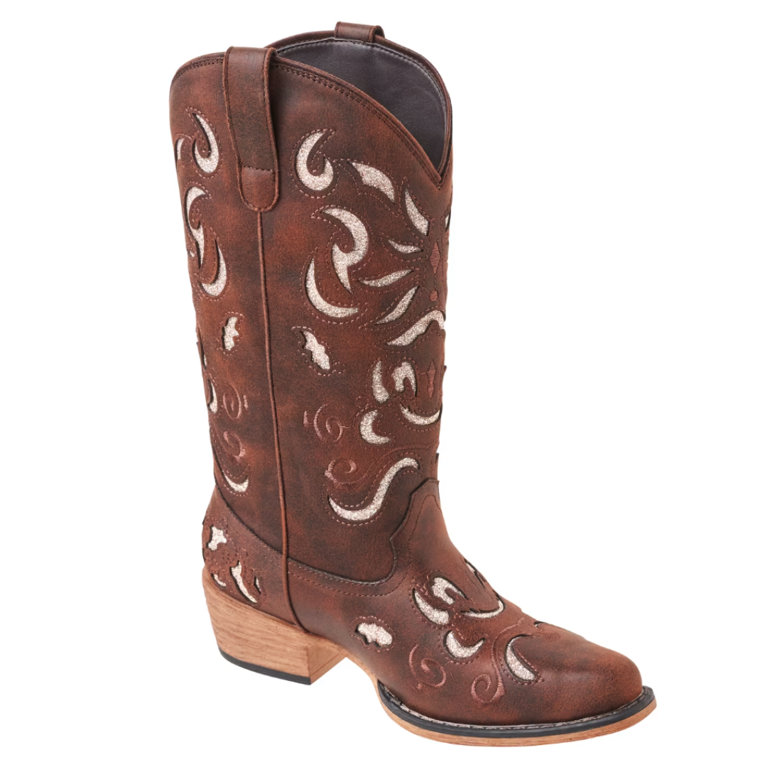 Brown leather western boot with decorative white swirl embroidery, featuring a wooden heel and square toe design.