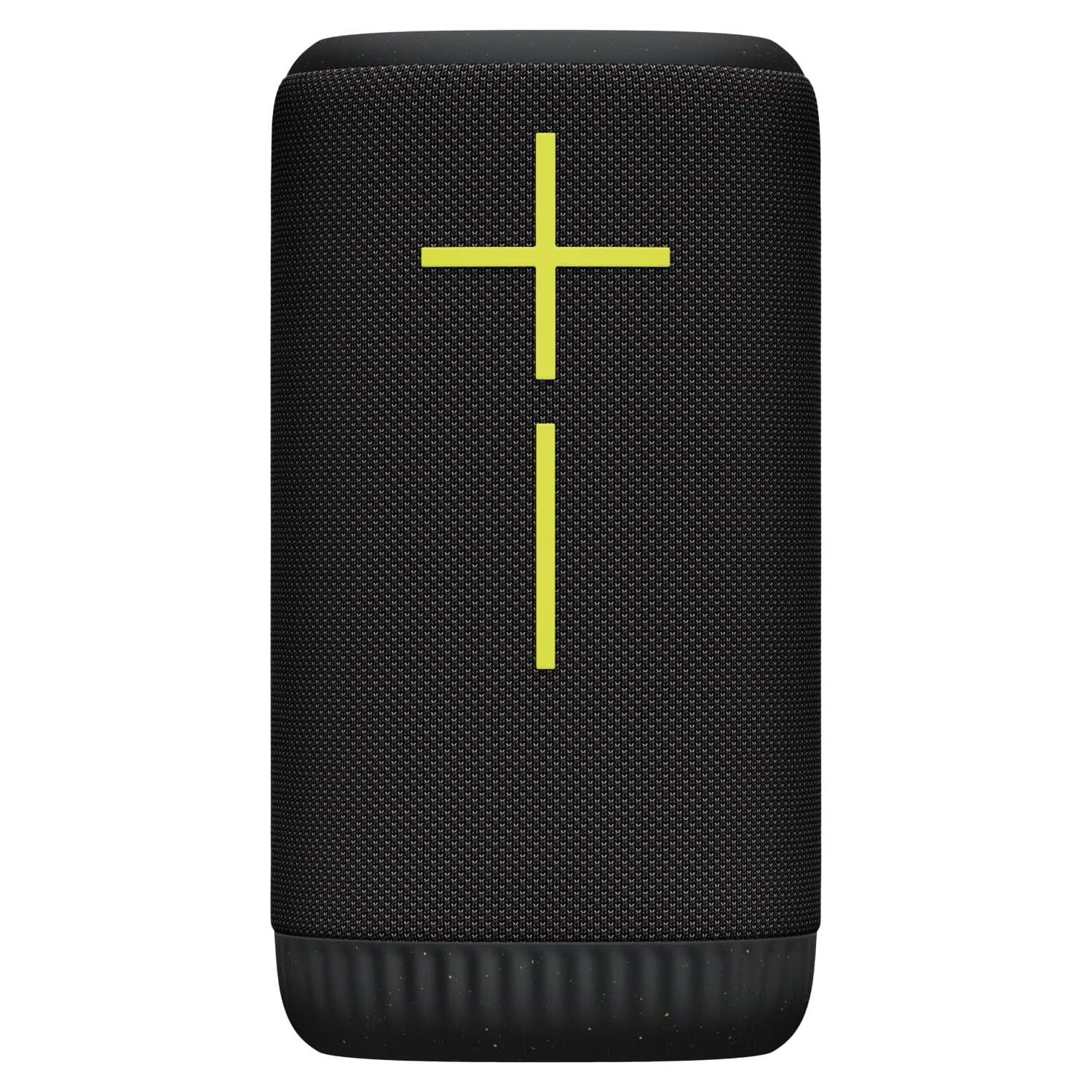 UE Boom speaker features a cylindrical black design with bright yellow plus and minus volume buttons on the front for easy control. It is known for its 360-degree sound and portability.
