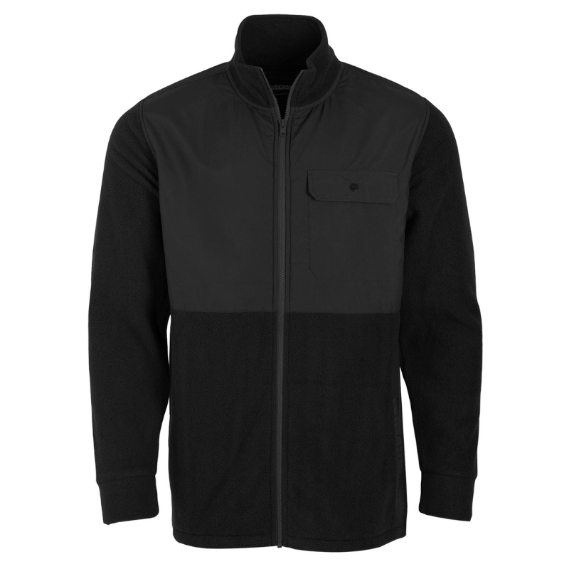 A black full-zip fleece jacket with a high collar, featuring a contrasting upper section and a chest flap pocket with a button closure.