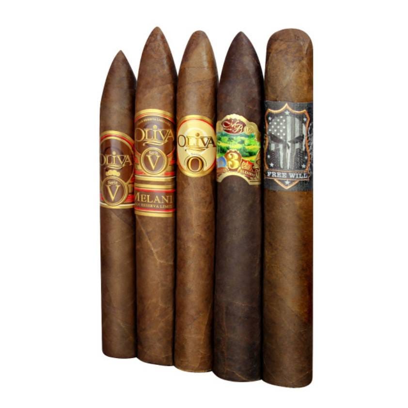 Five assorted cigars with different labels and bands, arranged in a line.