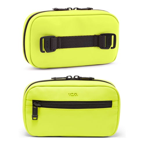 Two neon yellow travel cases, one with a handle on top and the other with a front zipper pocket.