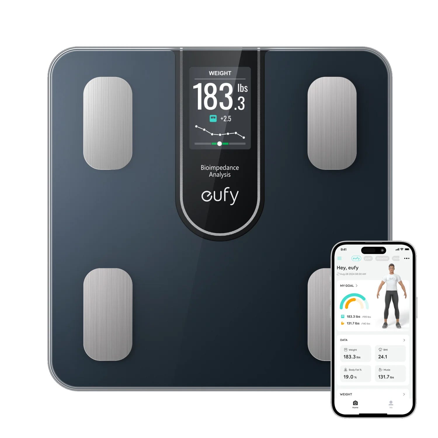 Eufy Smart Scale with Bioimpedance Analysis shows weight and trends on a digital display, syncing data to a smartphone app for tracking metrics like body fat and muscle mass.